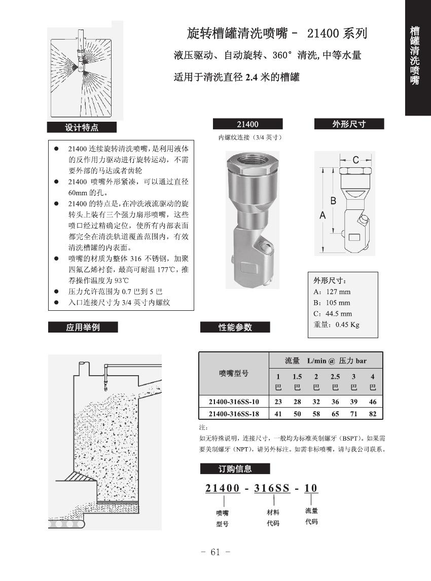 旋轉(zhuǎn)槽罐清洗噴嘴21400系列的設(shè)計特點、噴嘴設(shè)計、一般應(yīng)用及訂購信息